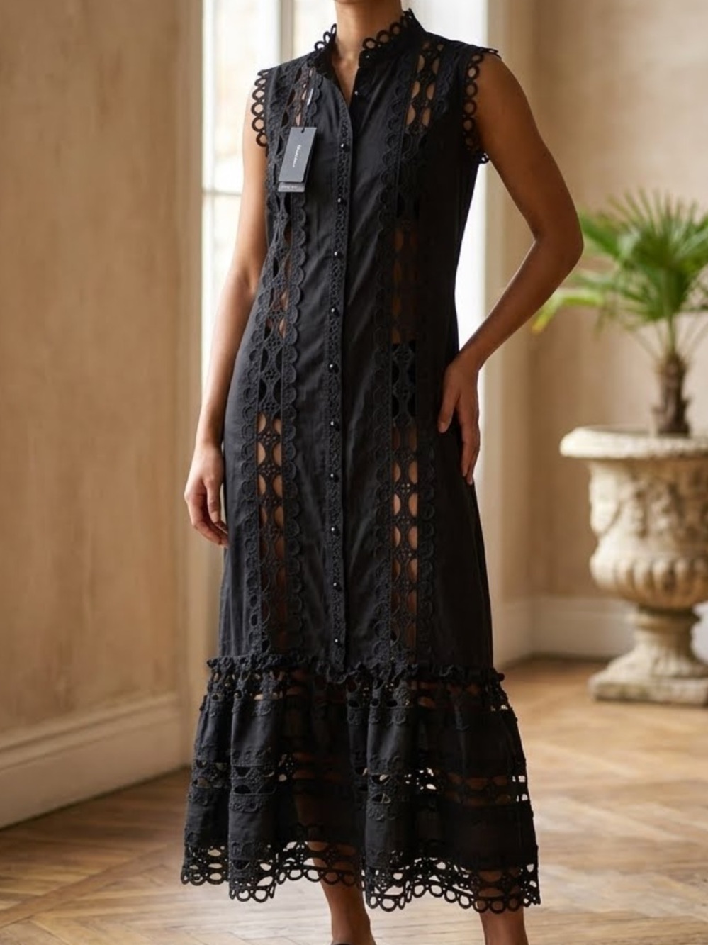 Black Eyelet Lace Maxi Dress XL – Boho Chic Button-Down Cover-Up